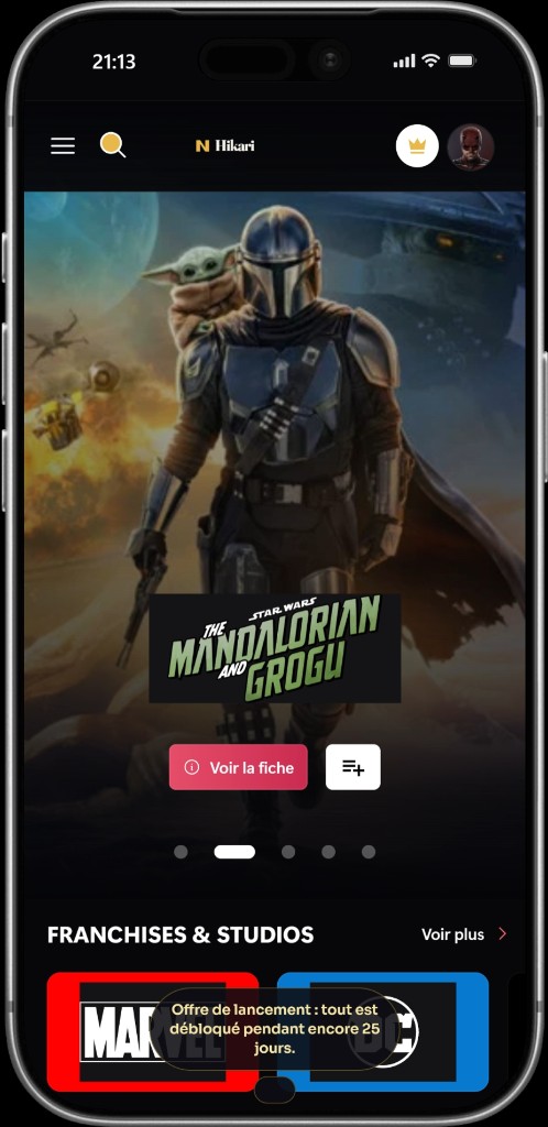 Application HikariStream sur iPhone : accueil films et séries
