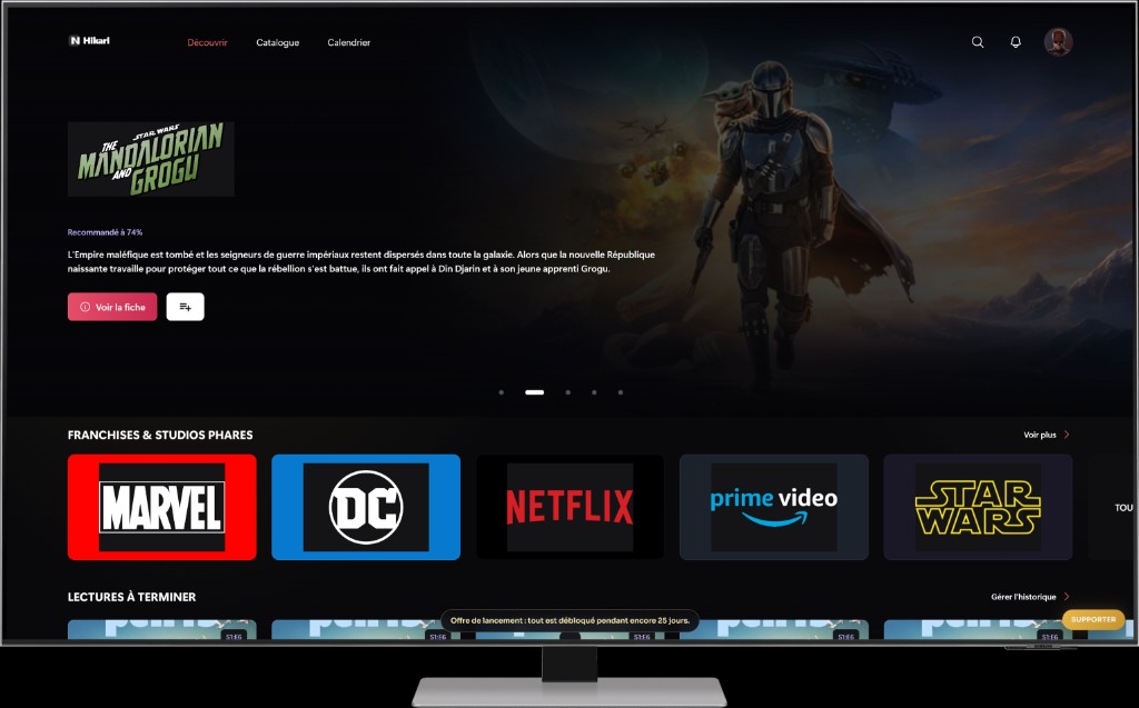 Interface HikariStream : accueil films et séries sur téléviseur et iPhone